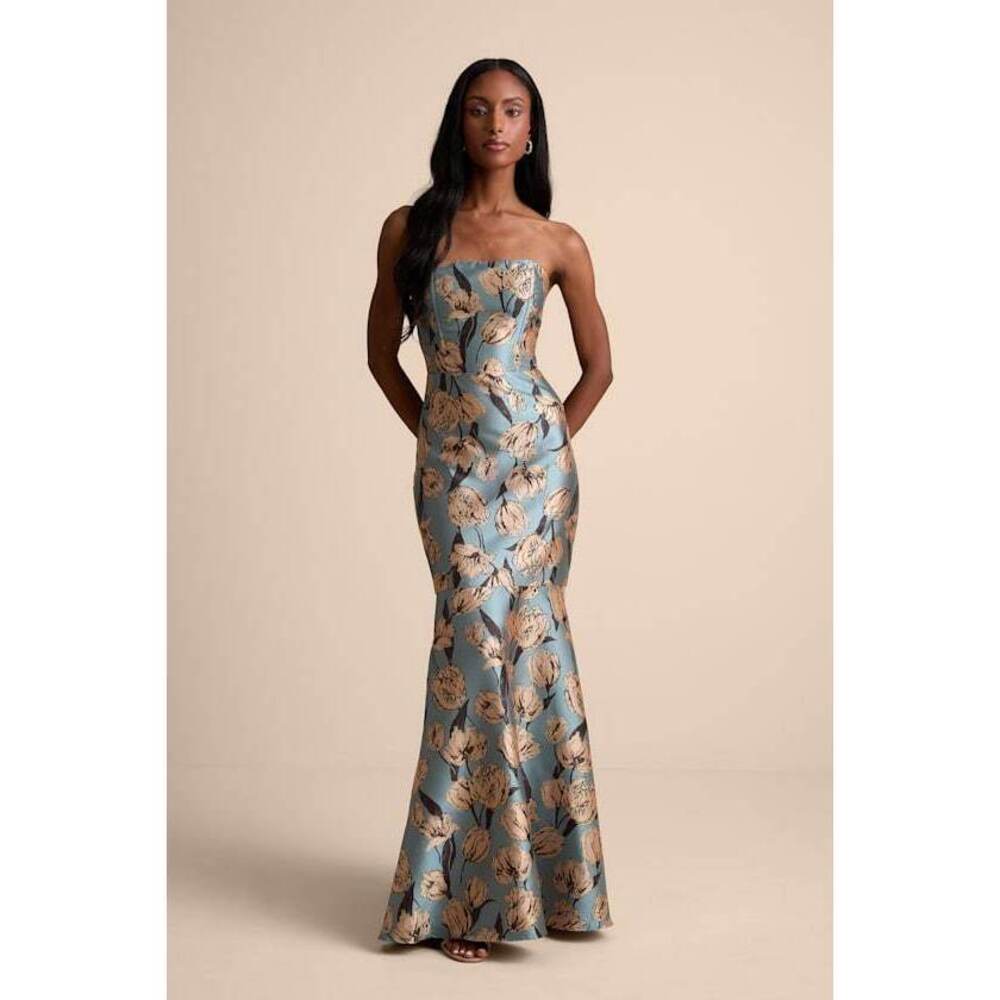 Lulus Gowning Around Slate Blue Floral Jacquard Strapless Maxi Dress - Size S